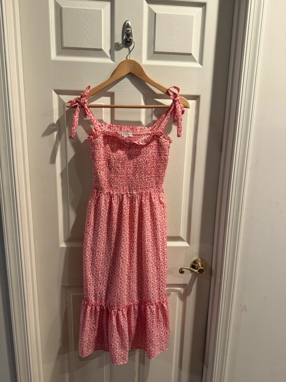 Baltic Born Red & White Floral Tie-Shoulder Smocked Midi Sundress